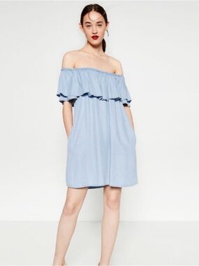 Zara Light Blue Off-Shoulder Ruffle Dress size XS